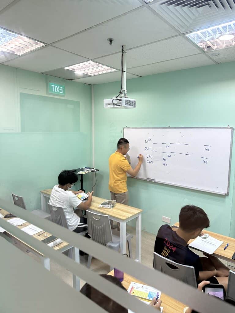 Students in a classroom learning about chemistry with a teacher at the whiteboard.