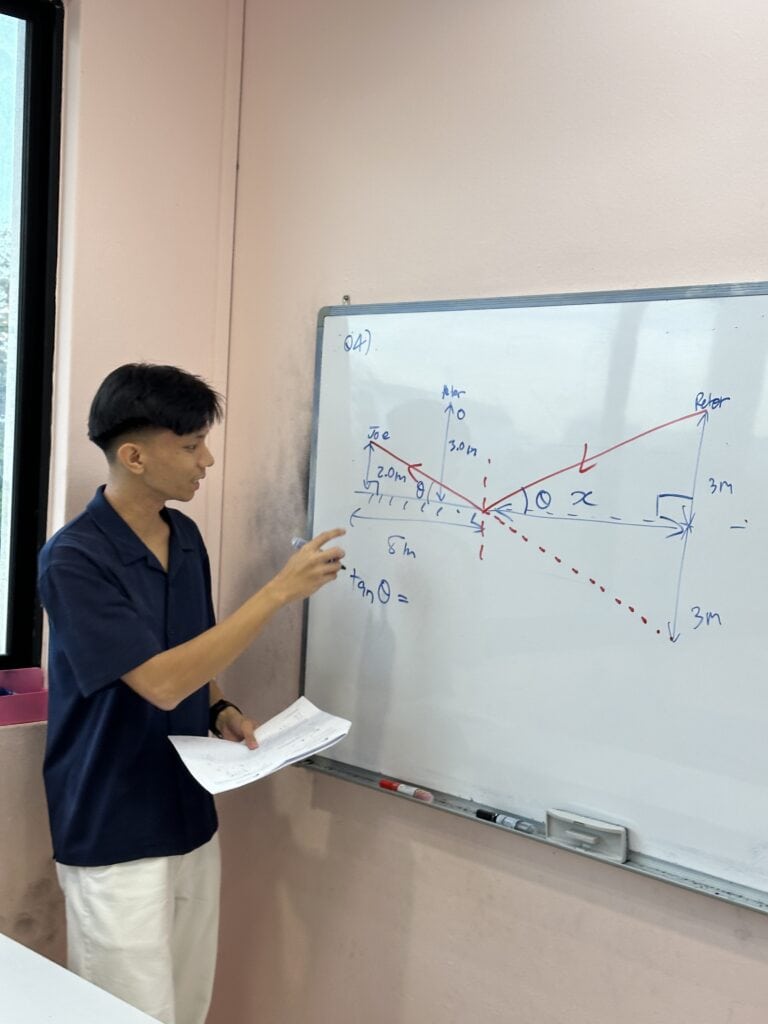 Student explaining physics diagram on whiteboard in classroom.